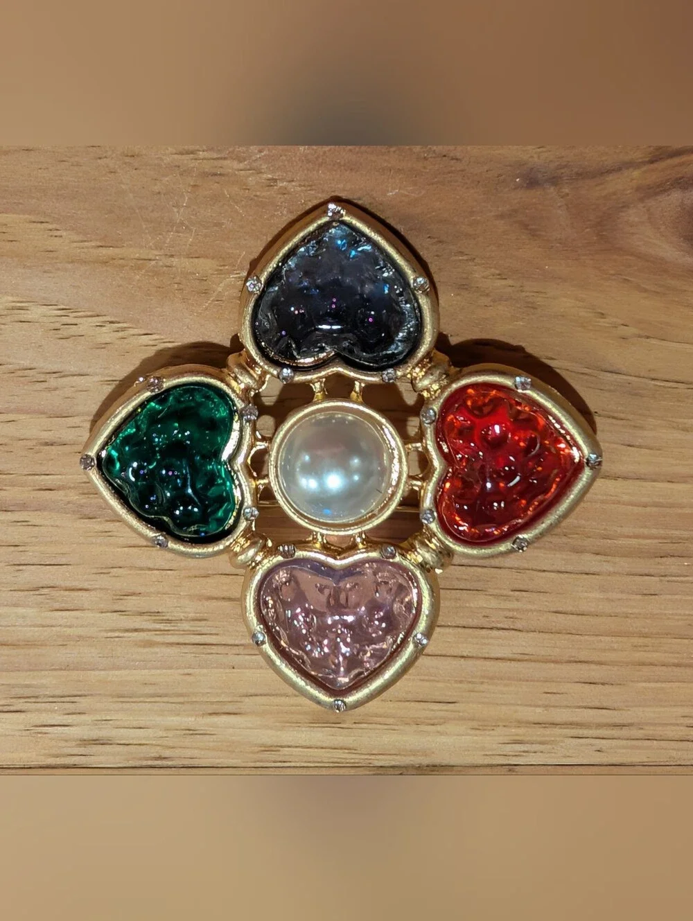 Gold-Tone Multicolor Heart Pendant with Pearl Center